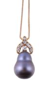 A cultured pearl and diamond necklace, the cultured pearl with a brilliant cut diamond set