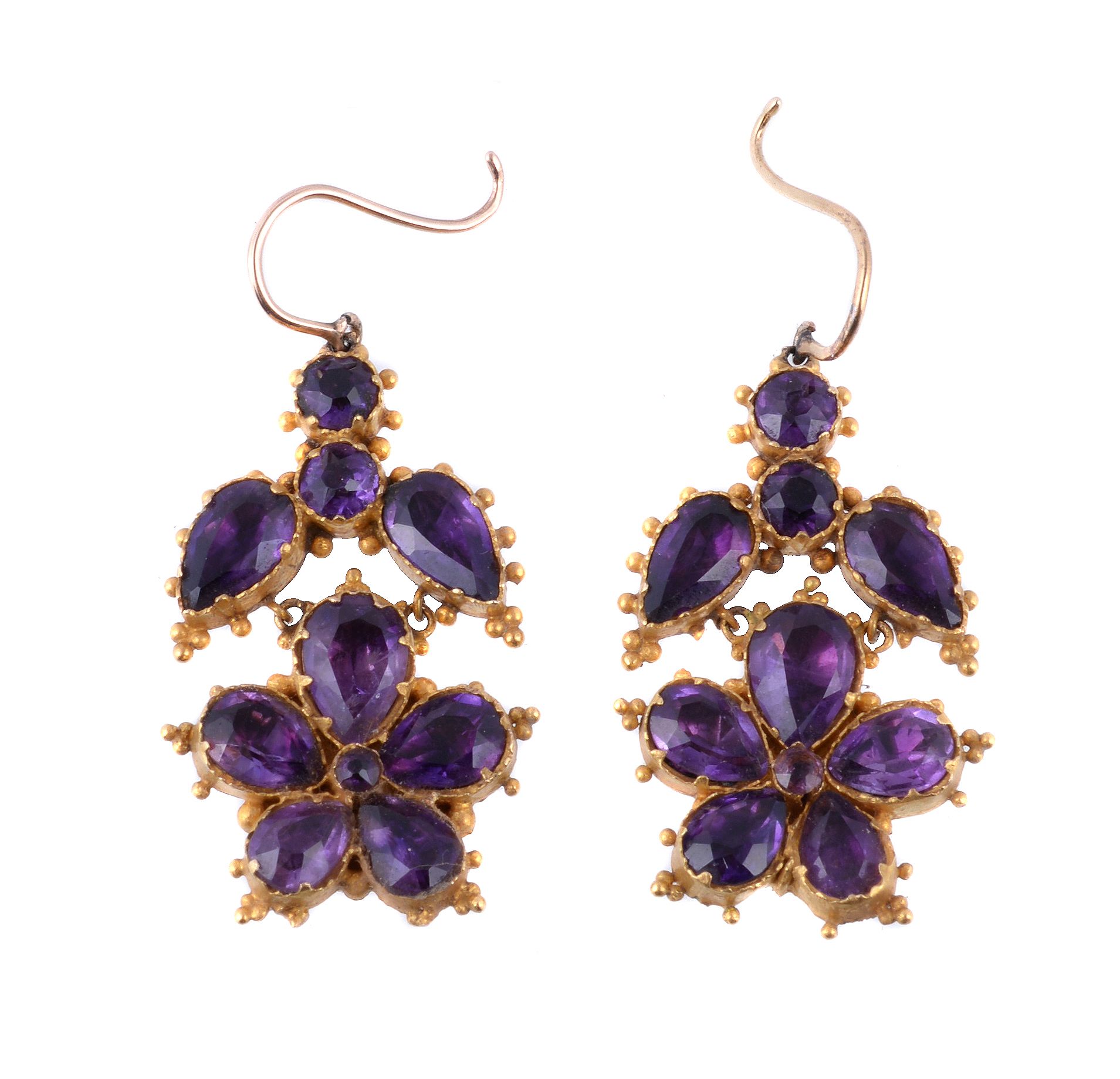 A pair of early 19th century amethyst earrings, circa 1820, designed as flower heads set with pear