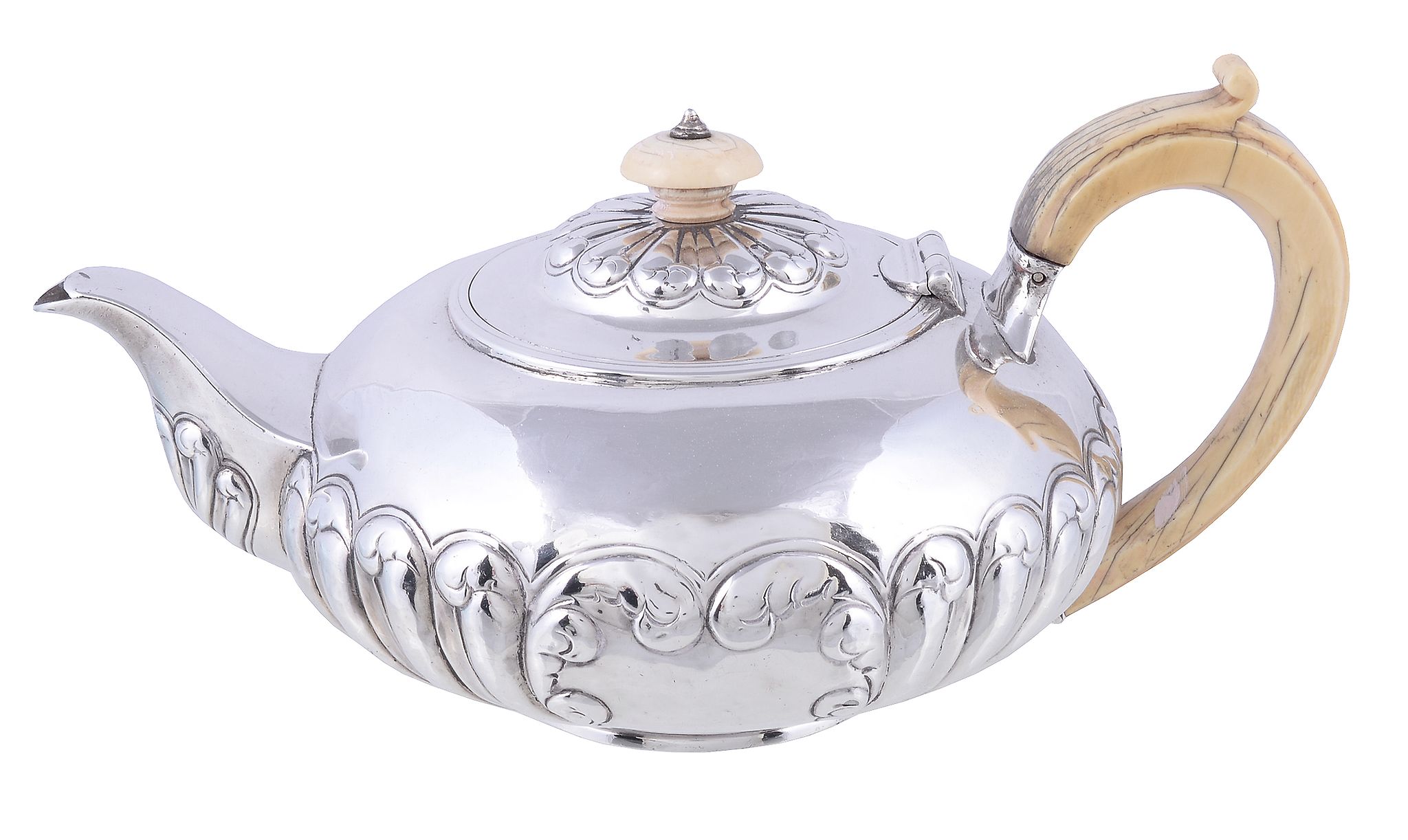 A George IV silver compressed spherical tea pot by James Henry Daniel, London 1821, with an ivory