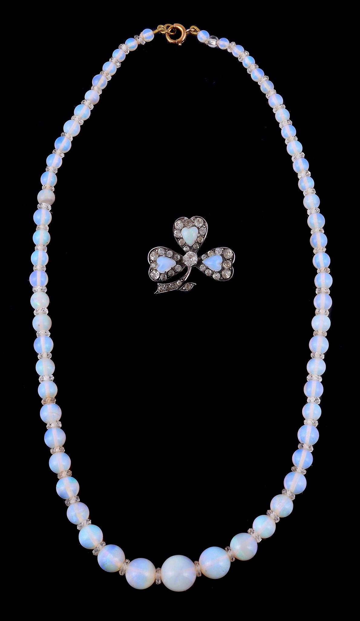 An early 20th century opal and rock crystal bead necklace, the single strand of graduating opal