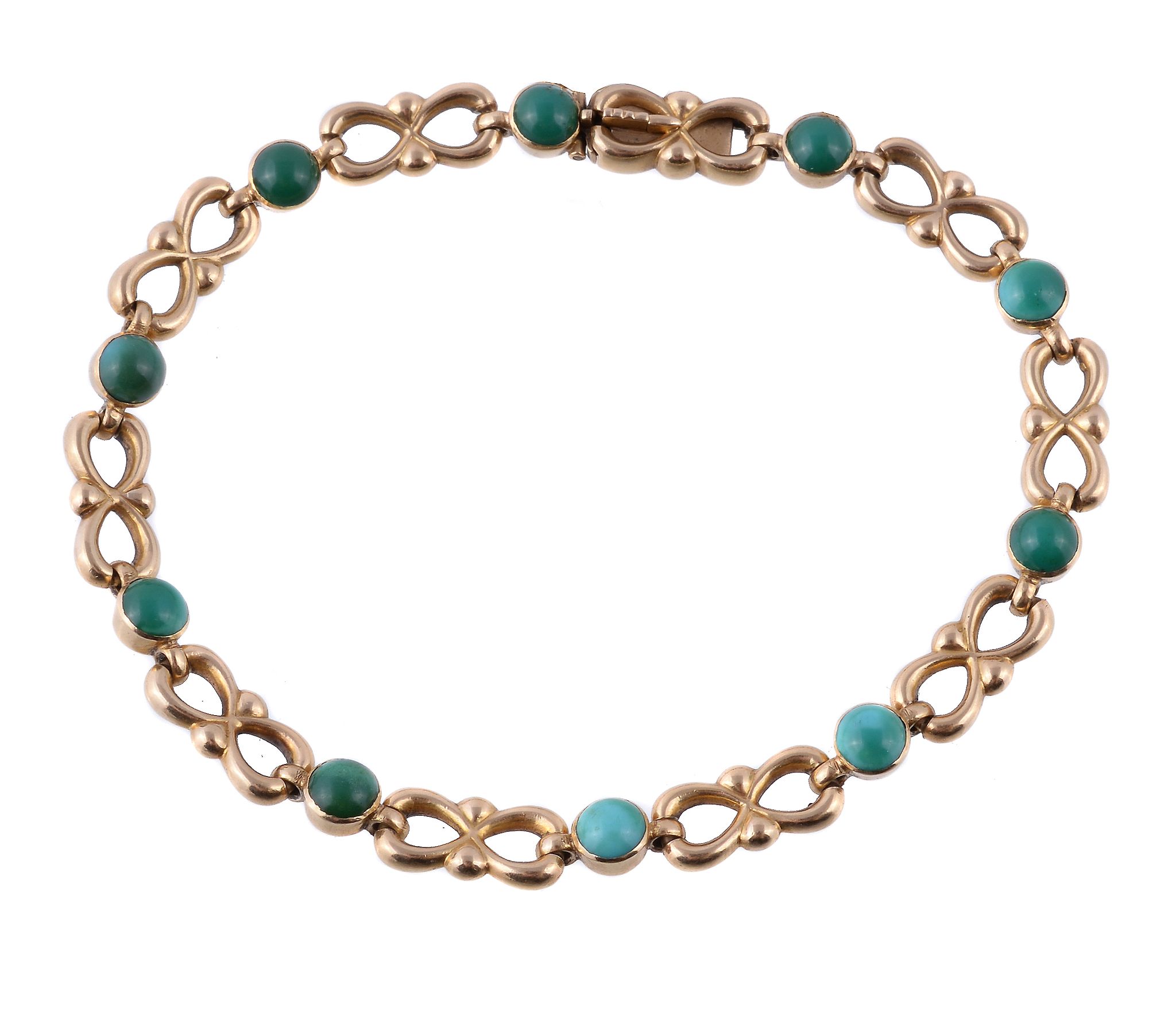 A late 19th century turquoise bracelet, circa 1880, the polished figure of eight links with