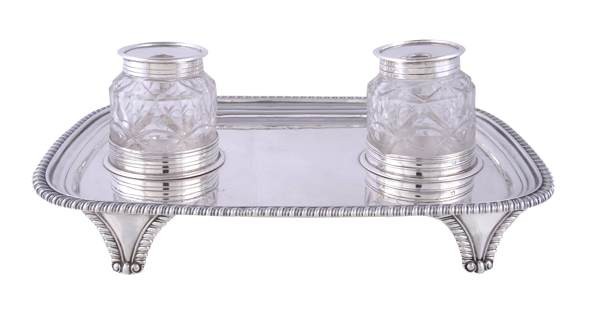 A late George III silver oblong ink stand by William Bennett, London 1813, with a raised moulded