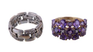 A 9 carat gold amethyst and diamond ring, set with pear cut and circular cut amethysts, with