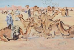 Simon Hodge (20th century) - Camel market outside a walled city Watercolour and ink Signed, lower