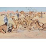 Simon Hodge (20th century) - Camel market outside a walled city Watercolour and ink Signed, lower