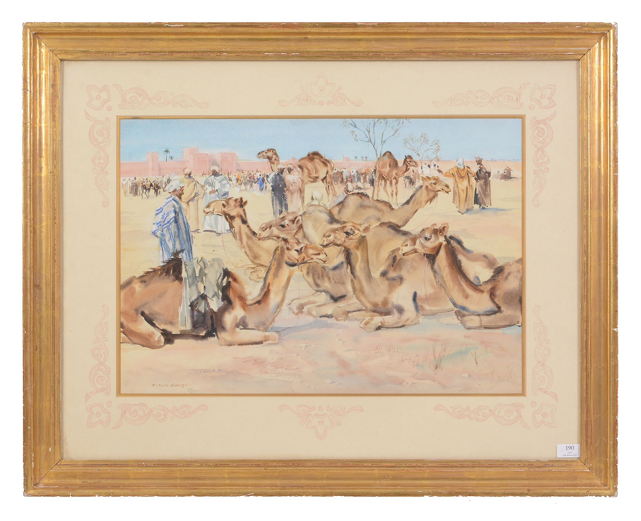 Simon Hodge (20th century) - Camel market outside a walled city Watercolour and ink Signed, lower - Image 2 of 3