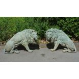 A pair of bronze alloy garden models of male lions, circa 2000 A pair of bronze alloy garden