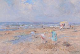 Arie van Noort (Dutch 1914-2003) - Beach scene with beach hut Oil on board Signed, lower right 30