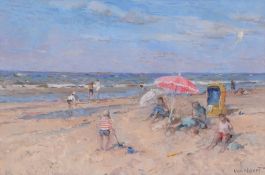 Arie van Noort (Dutch 1914-2003) - Beach scene with parasol Oil on board Signed, lower right 30 x