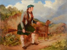 Circle of Richard Ansdell (British 1815-1885) - A hunter and his dog in the highlands Oil on board