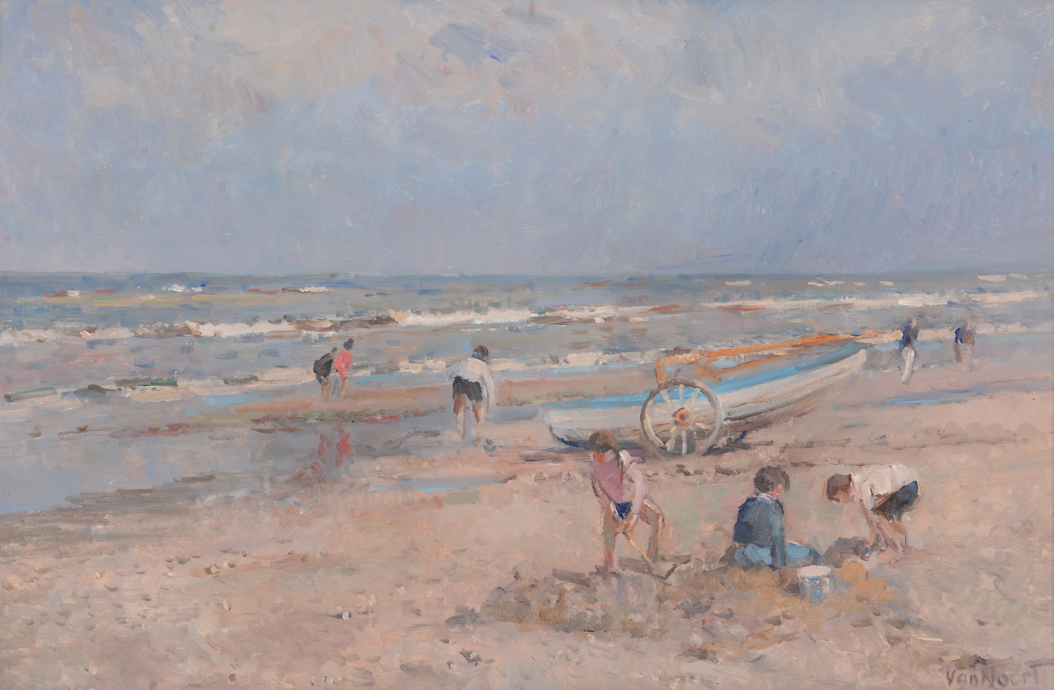 Arie van Noort (Dutch 1914-2003) - Beach scene with children digging in the sand Oil on board