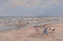 Arie van Noort (Dutch 1914-2003) - Beach scene with children digging in the sand Oil on board