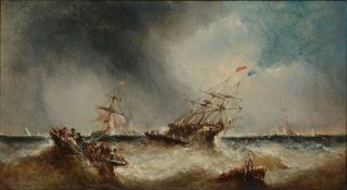 William McAlpine (British fl. 1840-1880) - Shipping in stormy weather Oil on canvas Indistinctly