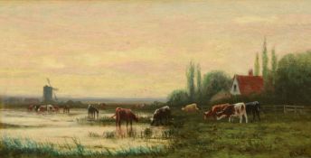 William Frederick Hulk (British 1852-1906) - Cows grazing Oil on board Signed, lower right 11.5 x