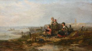 John Hillier (19th century) - A group of fisherwomen and children looking out to sea Oil on canvas