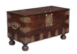 A Dutch Colonial hardwood and brass mounted coffer , 18th century, Java, 77cm high 144cm wide, 61cm