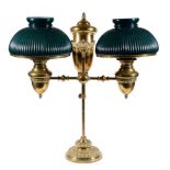 A brass twin branch table oil lamp, possibly north American, third quarter 19th century, the urn