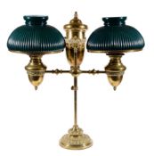 A brass twin branch table oil lamp, possibly north American, third quarter 19th century, the urn