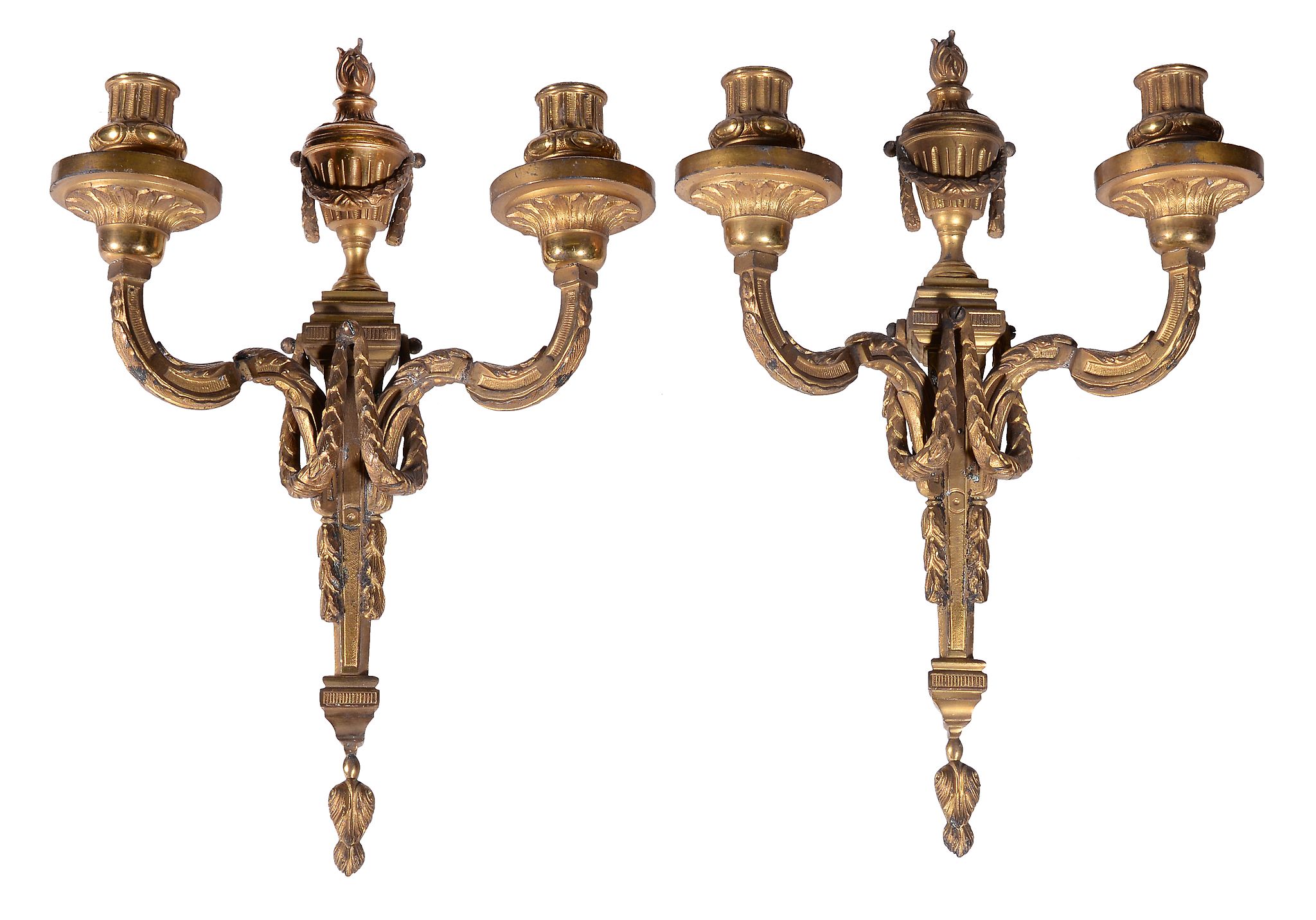 A pair of gilt bronze twin light wall appliques in Louis XVI style, early 20th century, with fluted