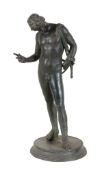 A Neapolitan patinated bronze model of Narcissus, cast after the Antique, late 19th century, almost