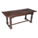 An oak refectory table in Charles II style, circa 1680 and later, 78cm high, 195cm long, 85cm wide