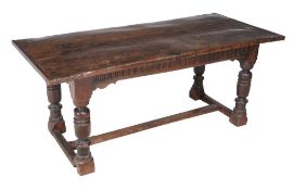 An oak refectory table in Charles II style, circa 1680 and later, 78cm high, 195cm long, 85cm wide