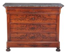 A Louis Phillipe walnut marble top commode , circa 1840, the mottled grey marble top above chest