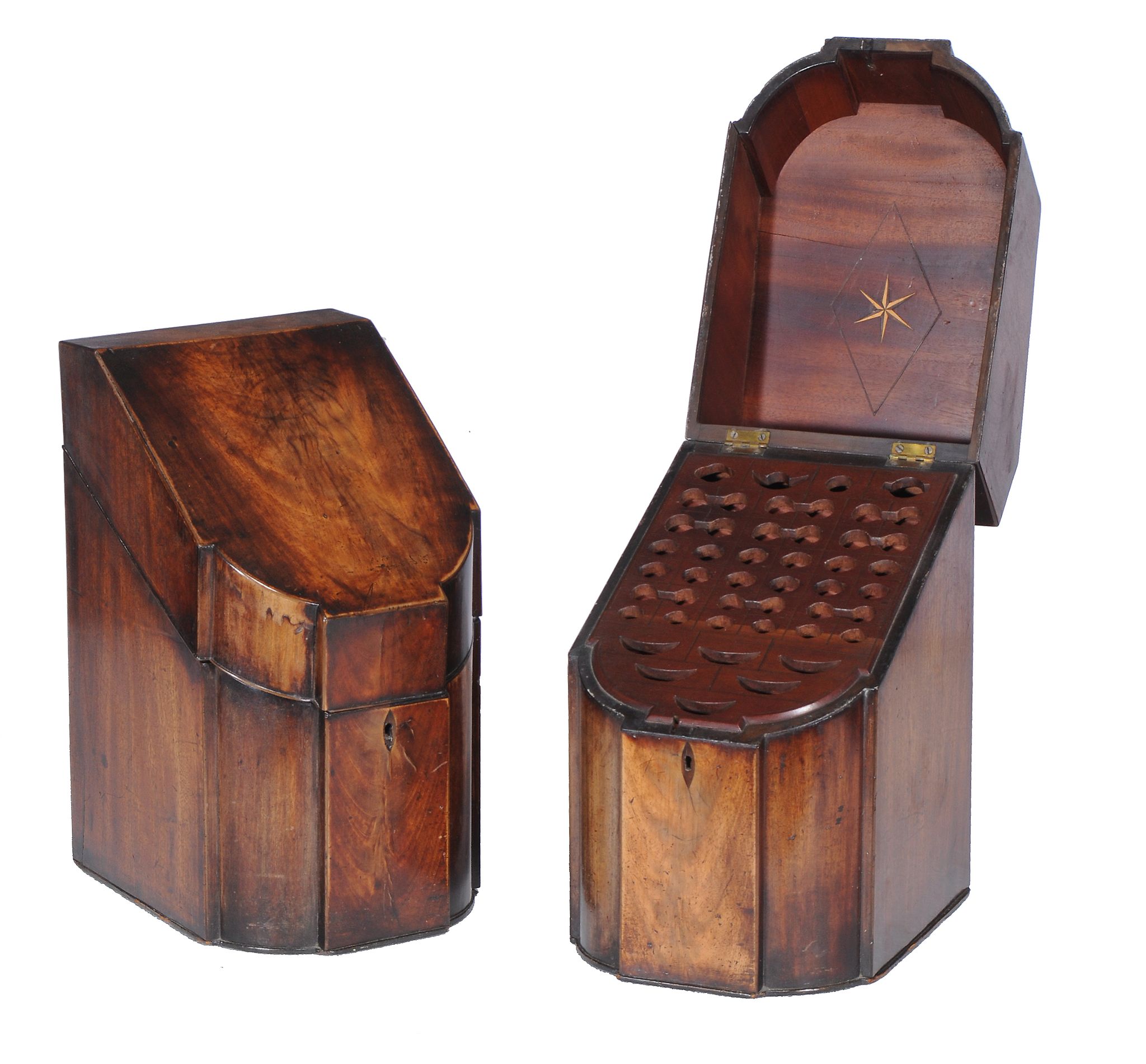 A pair of George III mahogany knife boxes, late 18th century, one with interior with holes for