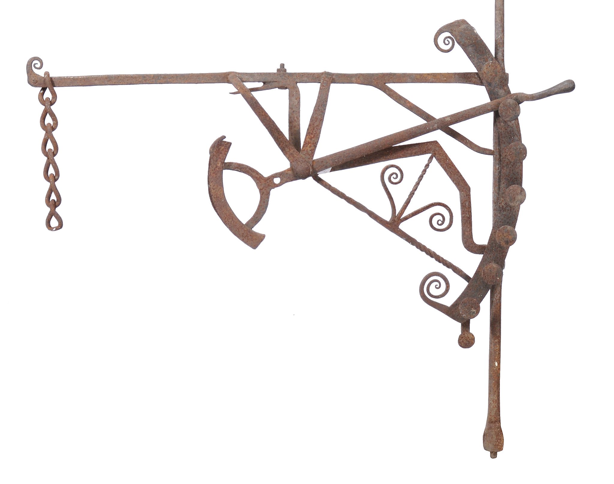 A Jacobean adjustable wrought iron chimney crane, late 17th century, with scrolled finials and - Image 3 of 3