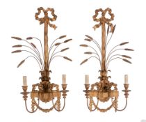 A pair of Italian carved giltwood and metal mounted twin light wall appliques, 20th century, the
