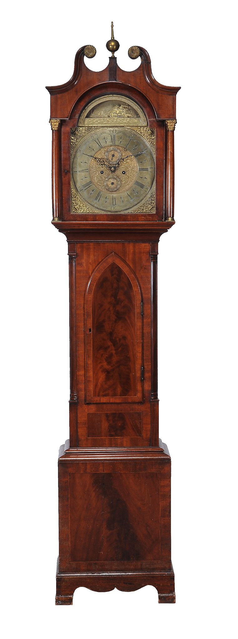 A mahogany longcase clock , the arched 13inch brass dial with sailing ship automaton to arch,