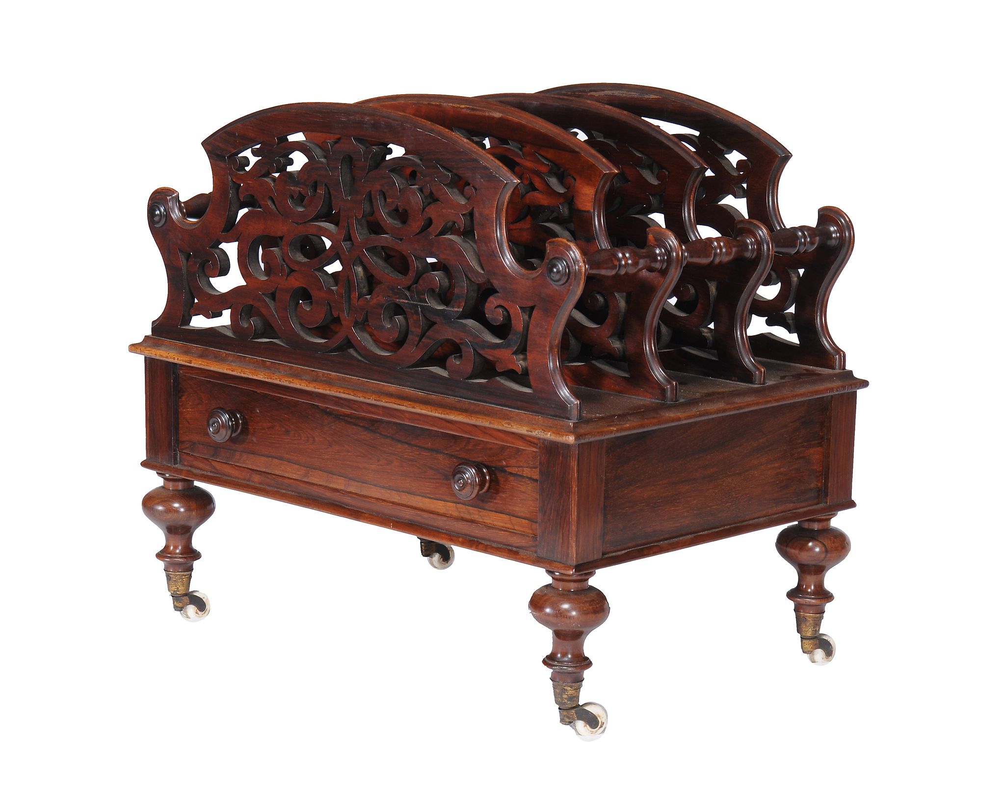 Ω A Victorian rosewood Canterbury , circa 1870, with pierced dividers, 52cm high, 56cm wide, 41cm