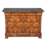 A French figured walnut and marble mounted chest of drawers , mid 19th century, the marble top