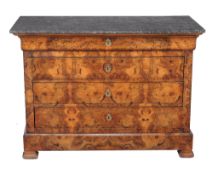 A French figured walnut and marble mounted chest of drawers , mid 19th century, the marble top