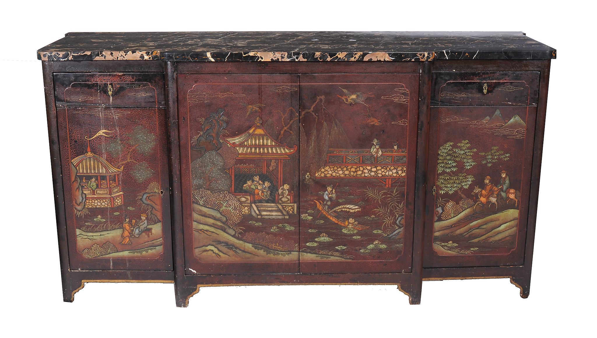 A coromandel lacquered and marble topped side cabinet, second quarter 20th century, the cabinet