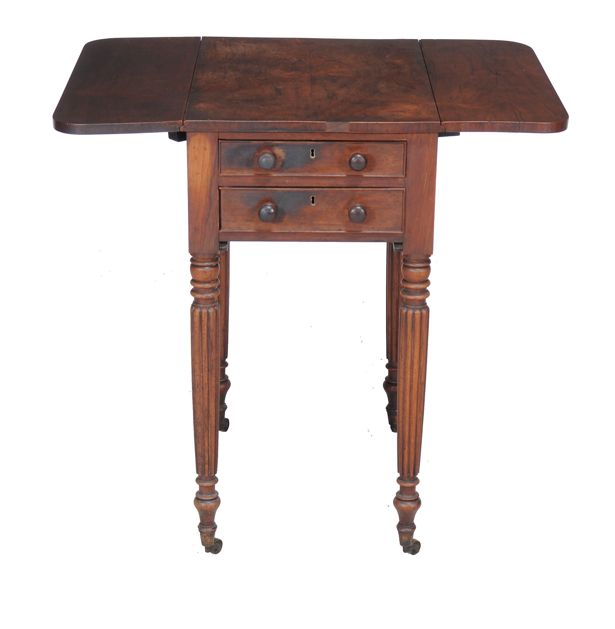 Ω A Regency rosewood drop-leaf work table, circa 1815 in the manner of Gillows, the book-matched top