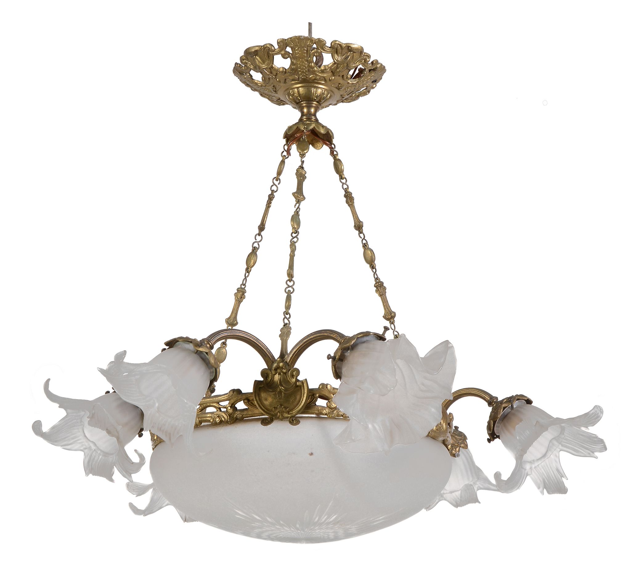 A French moulded and cut glass and gilt bronze mounted six branch electrolier, circa 1910, the
