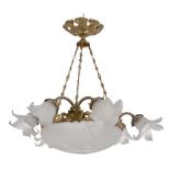 A French moulded and cut glass and gilt bronze mounted six branch electrolier, circa 1910, the