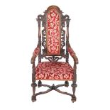 A carved oak and upholstered armchair in Louis XIV style , 20th century, 132cm high, 60cm wide,