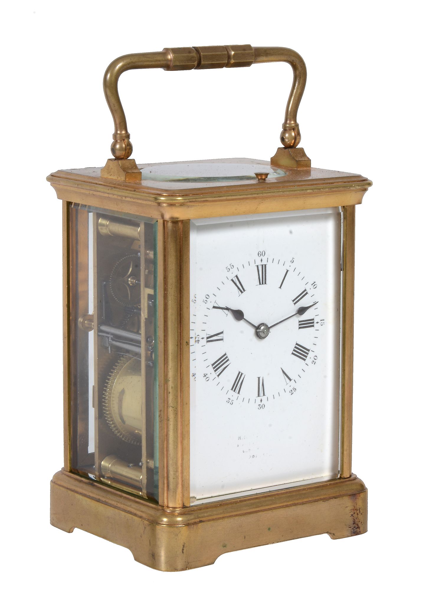A French brass carriage clock , early 20th century, the eight-day gong striking movement with