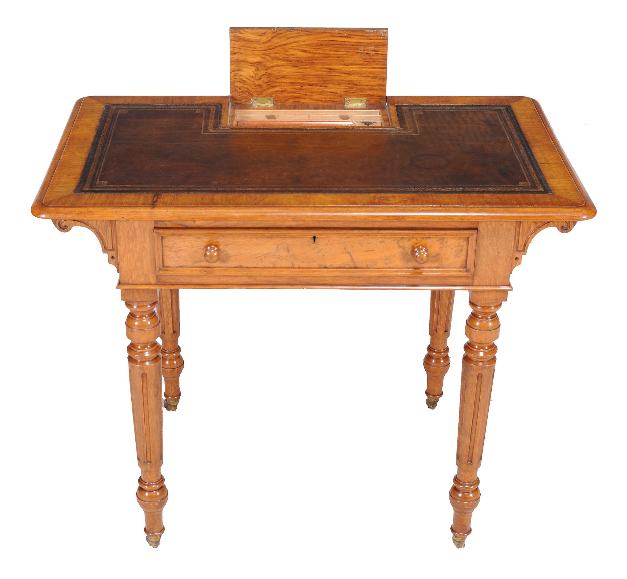 A Victorian oak writing table , circa 1880, in the manner of Gillows, the leather inset top with - Image 2 of 3