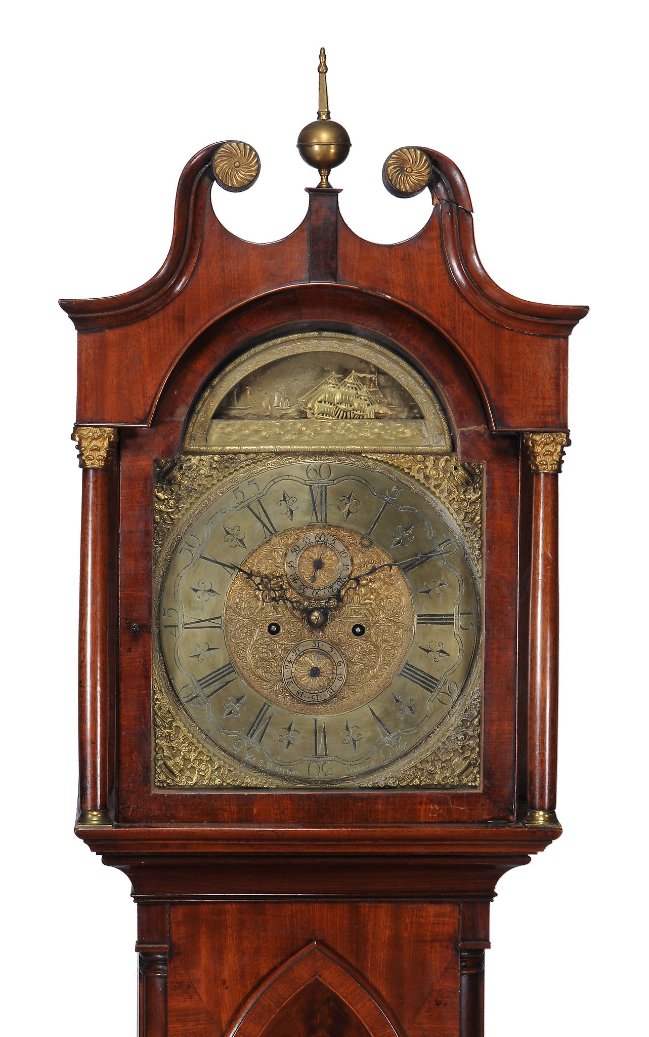 A mahogany longcase clock , the arched 13inch brass dial with sailing ship automaton to arch, - Image 2 of 2