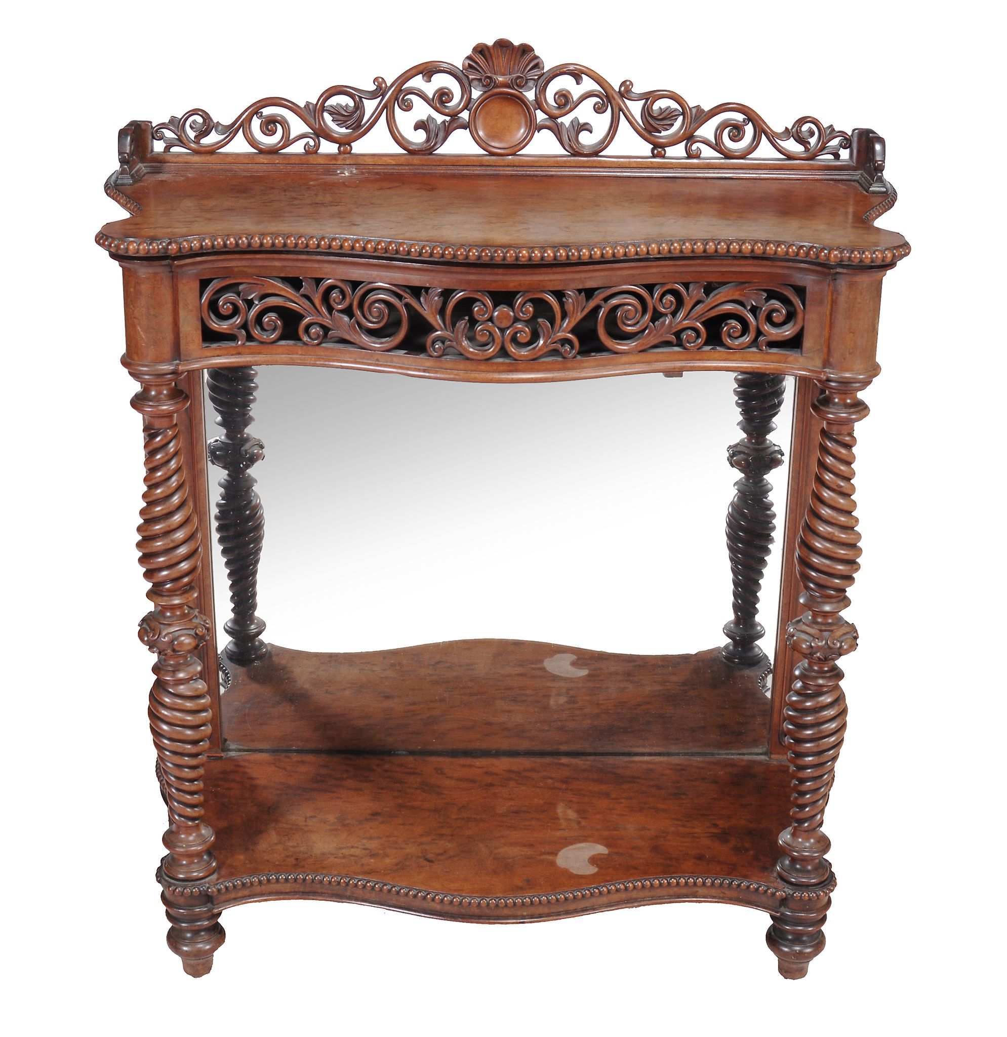 A Victorian mahogany console table, circa 1870, the pierced scroll frieze above spiral turned legs,