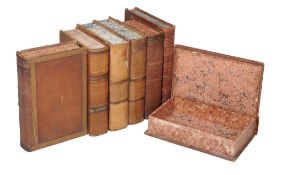 A small collection of oversize false book bindings, 20th century, hinged to open as boxes, the