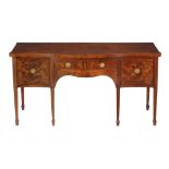 A George III mahogany, inlaid and purple heart banded serpentine fronted sideboard, circa 1790, the