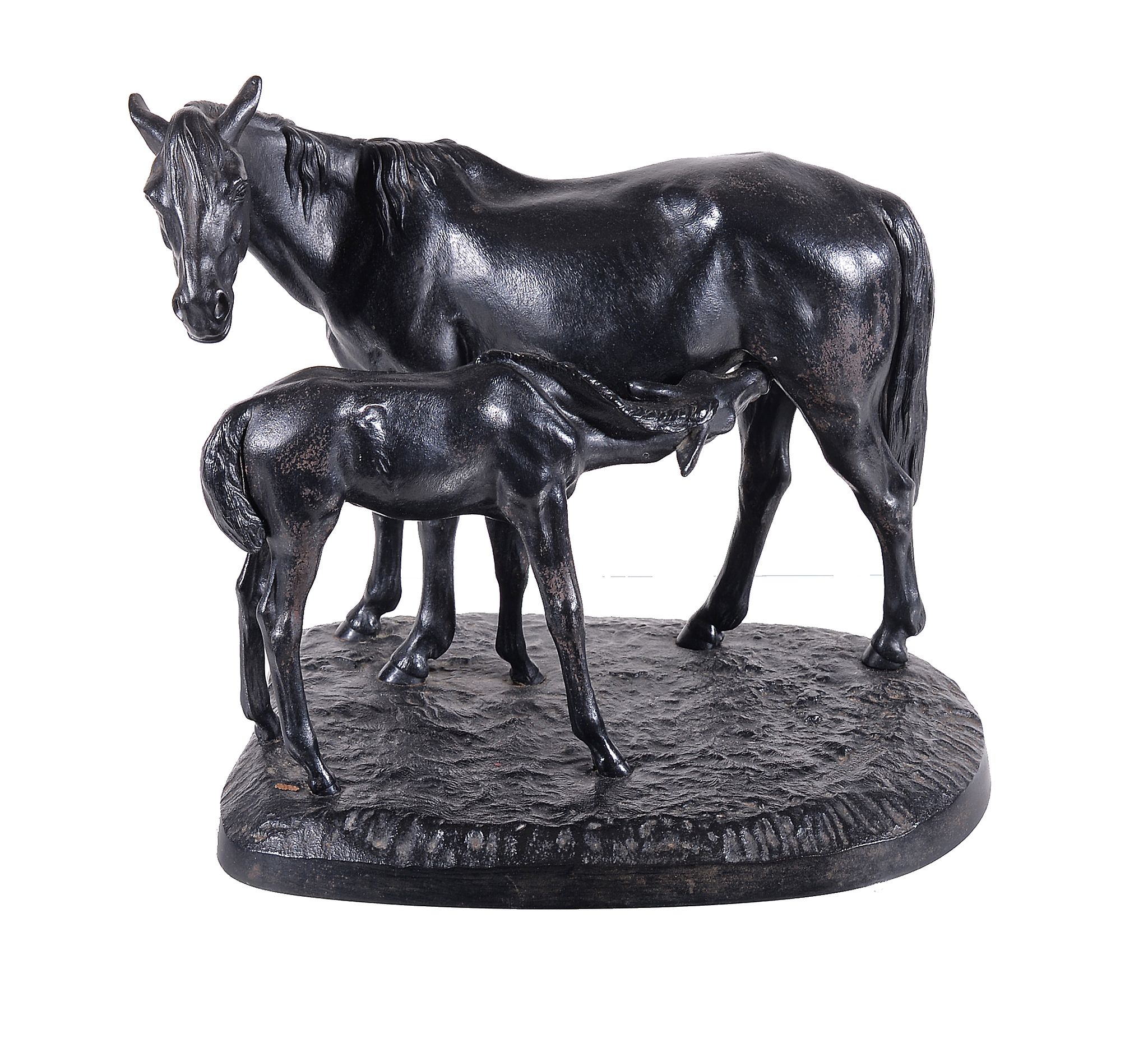 A Russian painted cast iron group of a mare and a foal, third quarter 20th century, portrayed