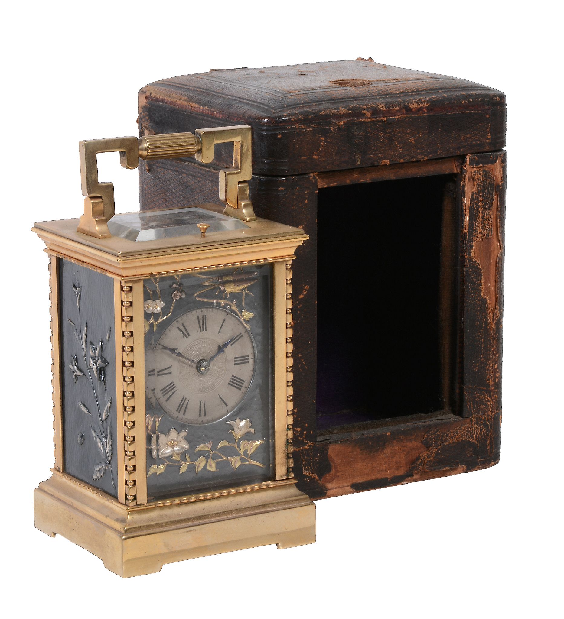 A French gilt brass and oxidised electrotype carriage clock, retailed by Army and Navy, Paris, late - Image 2 of 2