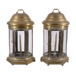 A pair of brass and glazed hexagonal table lanterns, possibly Dutch, 19th century, each with a