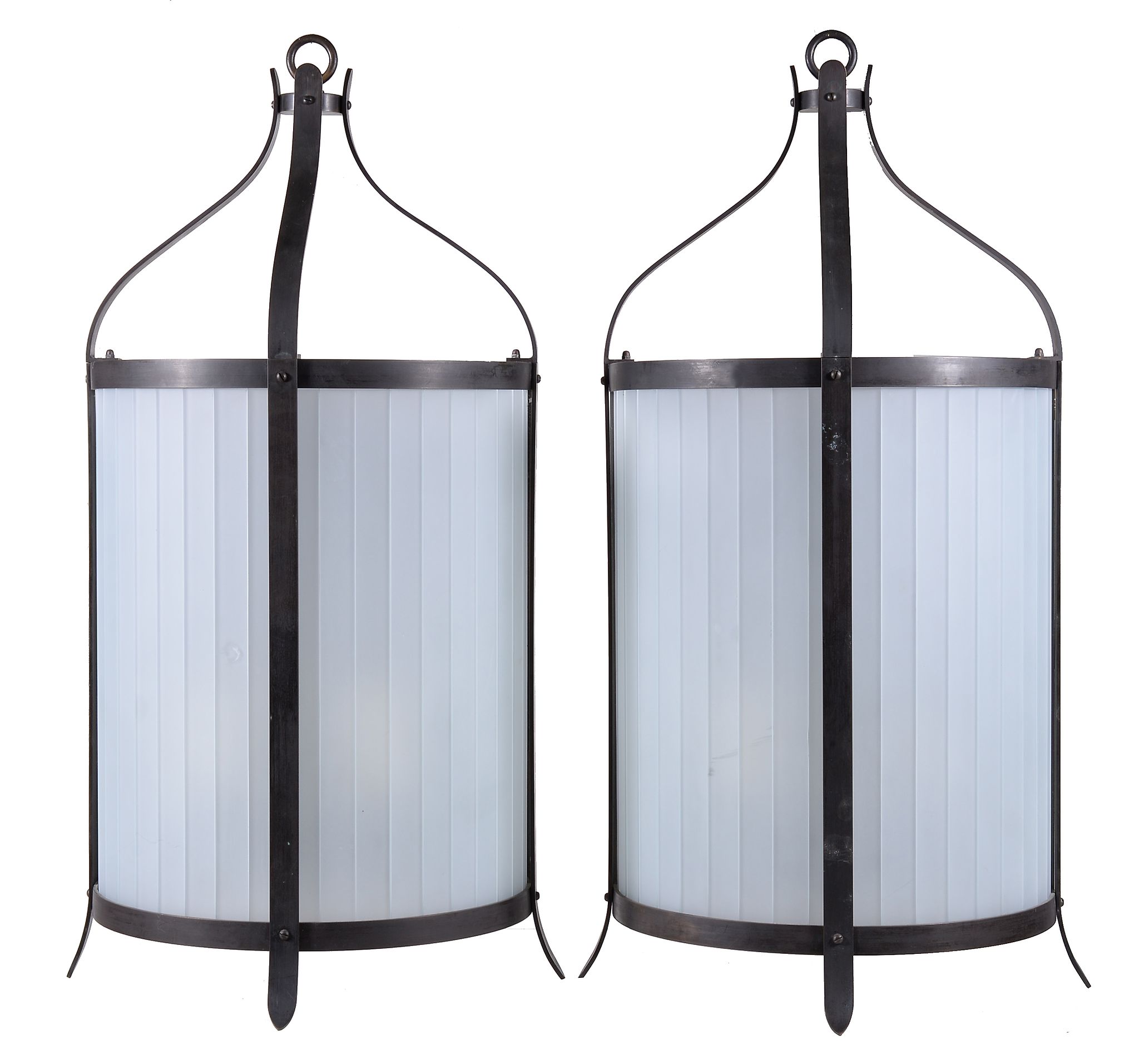 A pair of metal and opaque glass wall lanterns, second half 20th century, each of demi-lune