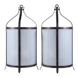 A pair of metal and opaque glass wall lanterns, second half 20th century, each of demi-lune
